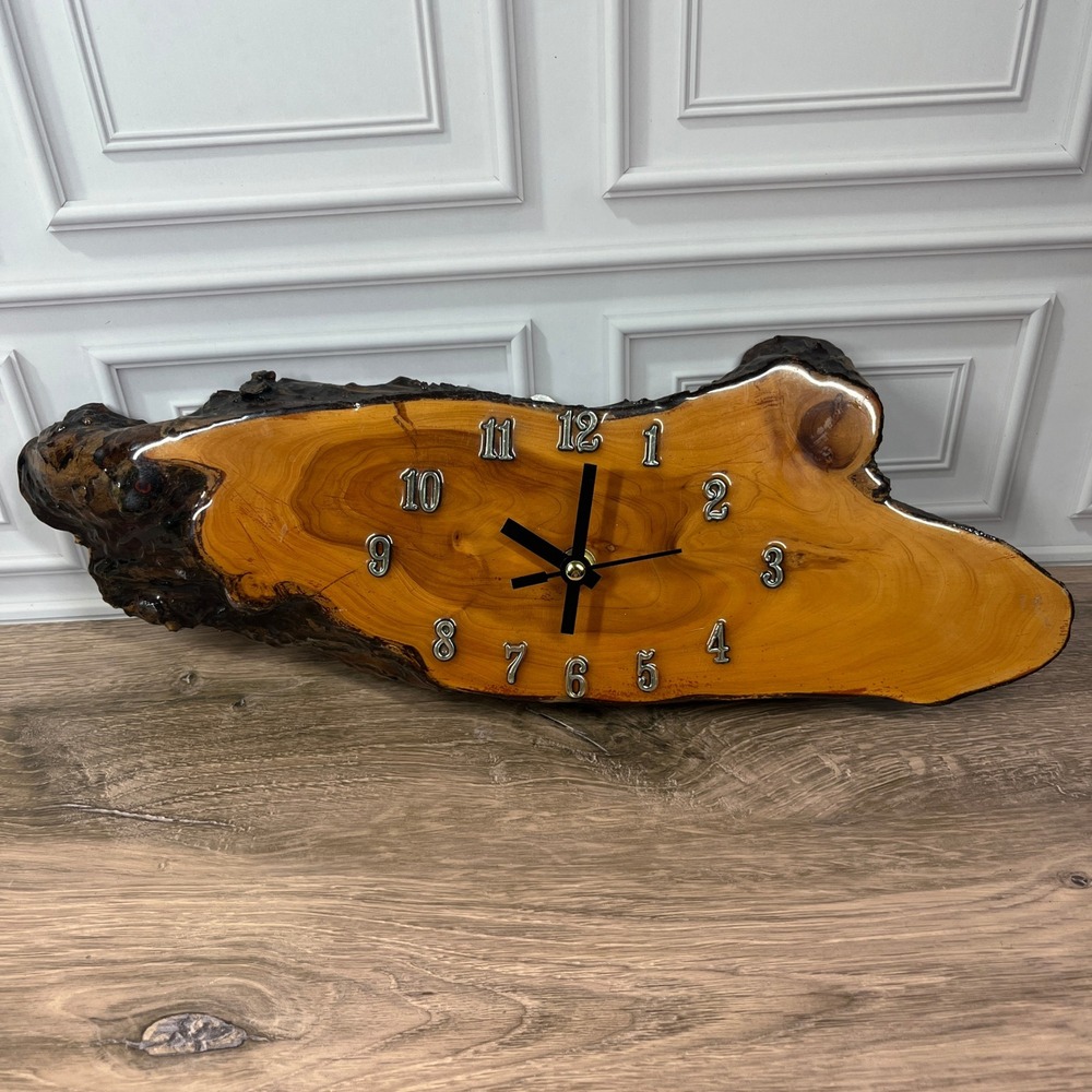 Live Edge Wood Epoxy Wall Clock Brown Glossy Resin Rustic Slab